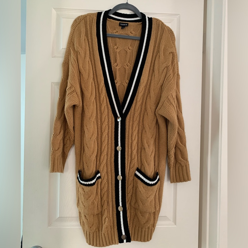 Torrid long sleeve textured varsity cardigan with snaps and pockets